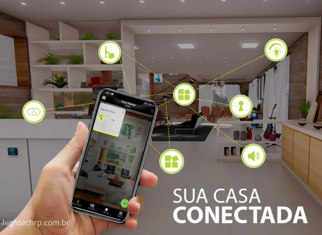 Sala com dispositivos de casa inteligente conectados