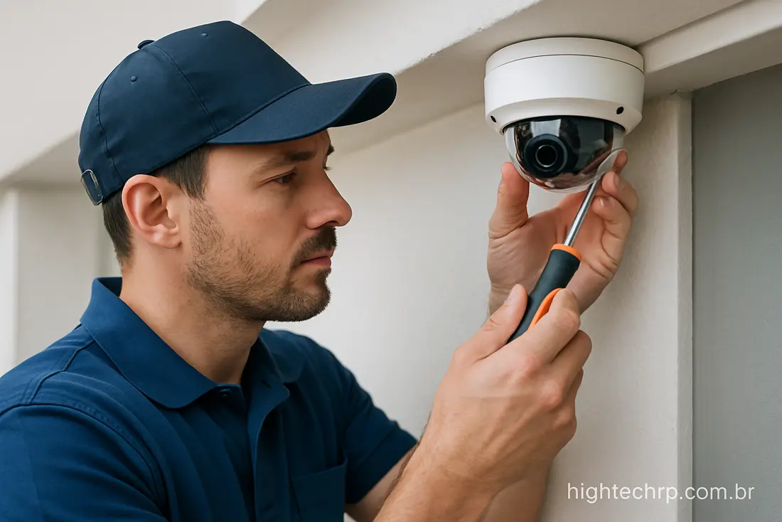 Técnico instalando câmera de segurança em parede de casa